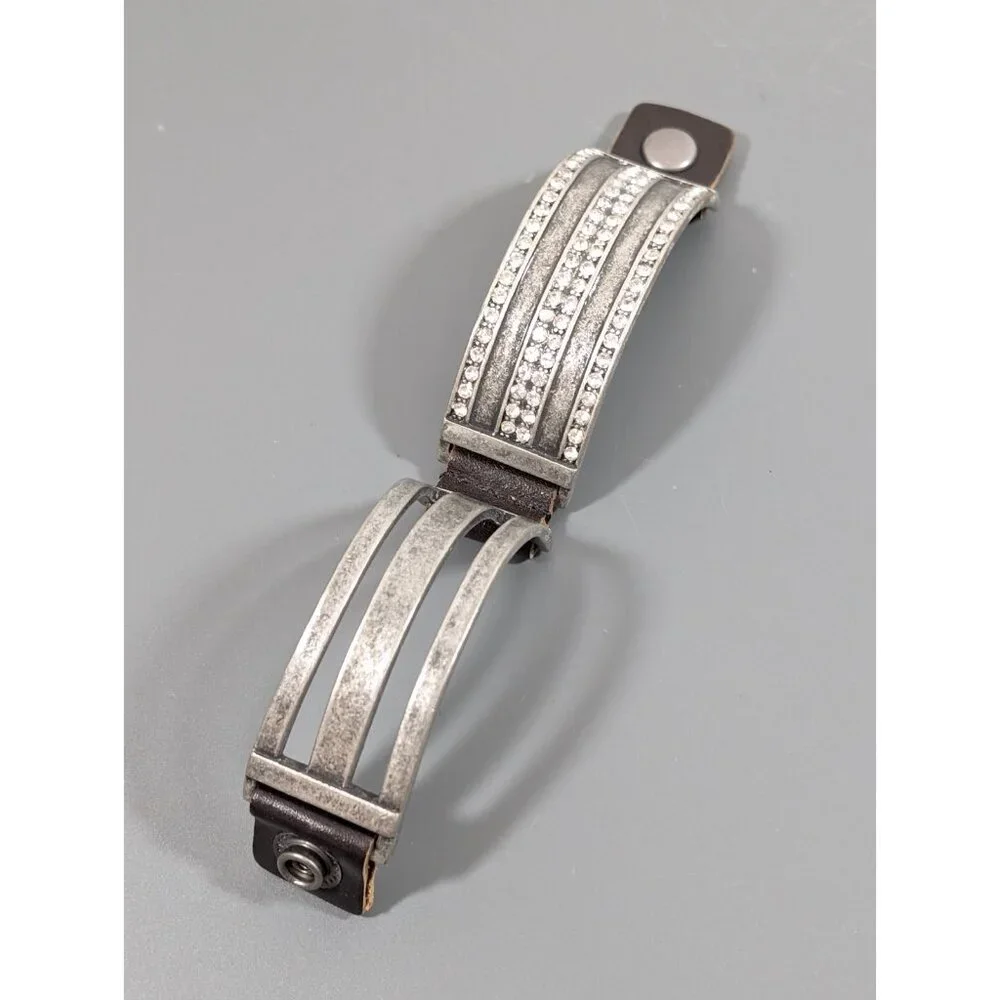 Jewel Kade JK‎ Enchanted Crystal Pave Leather Snap Cuff Bracelet Silver Tone 7